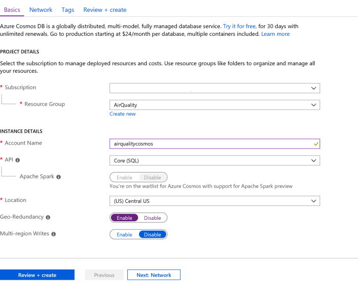 Azure IoT Air Quality Monitoring Cosmos DB Basic Settings