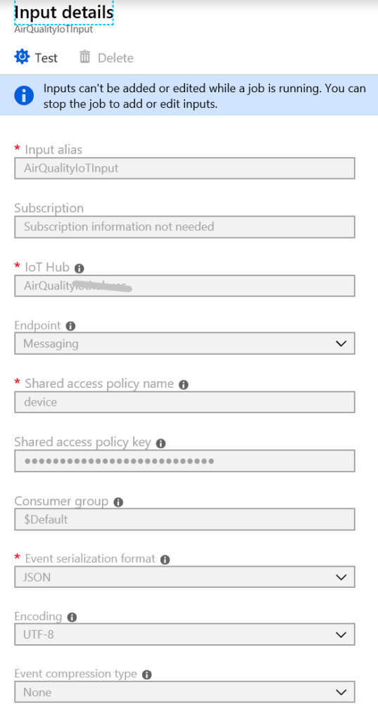 Azure IoT Air Quality Monitoring Add IoT Hub Stream input