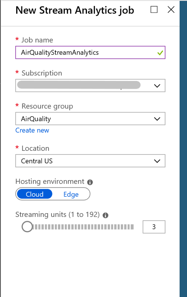 Azure IoT Air Quality Monitoring New Steam Analytics Job