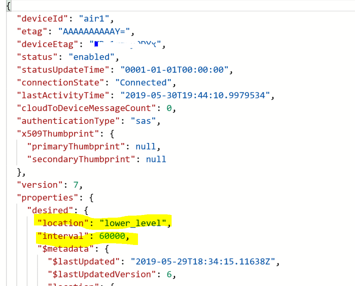 Azure IoT Air Quality Monitoring Device Twin JSON