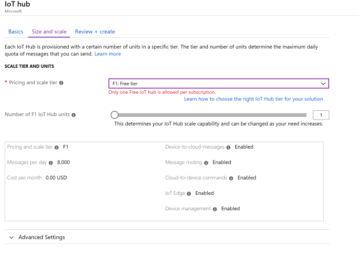Azure IoT Air Quality Monitoring IoT Hub Size and Scale