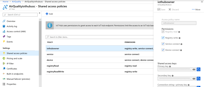 Azure IoT Air Quality Monitoring IoT Hub gett iothubowner connection string