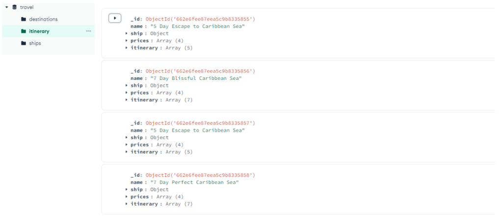 MongoDB Compass - itinerary collection on Azure Cosmos DB for MongoDB