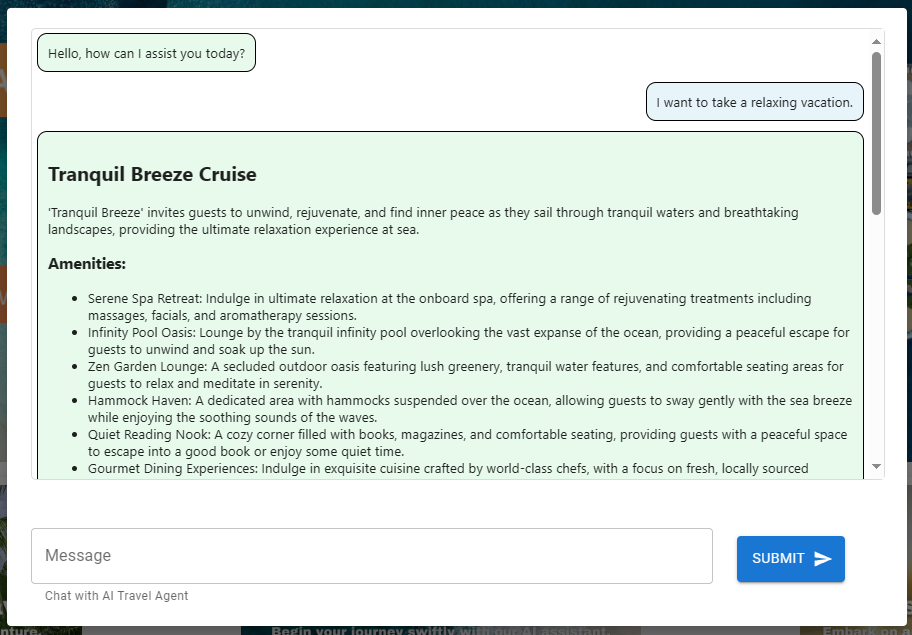 AI Travel Agent relaxing vacation vector search results