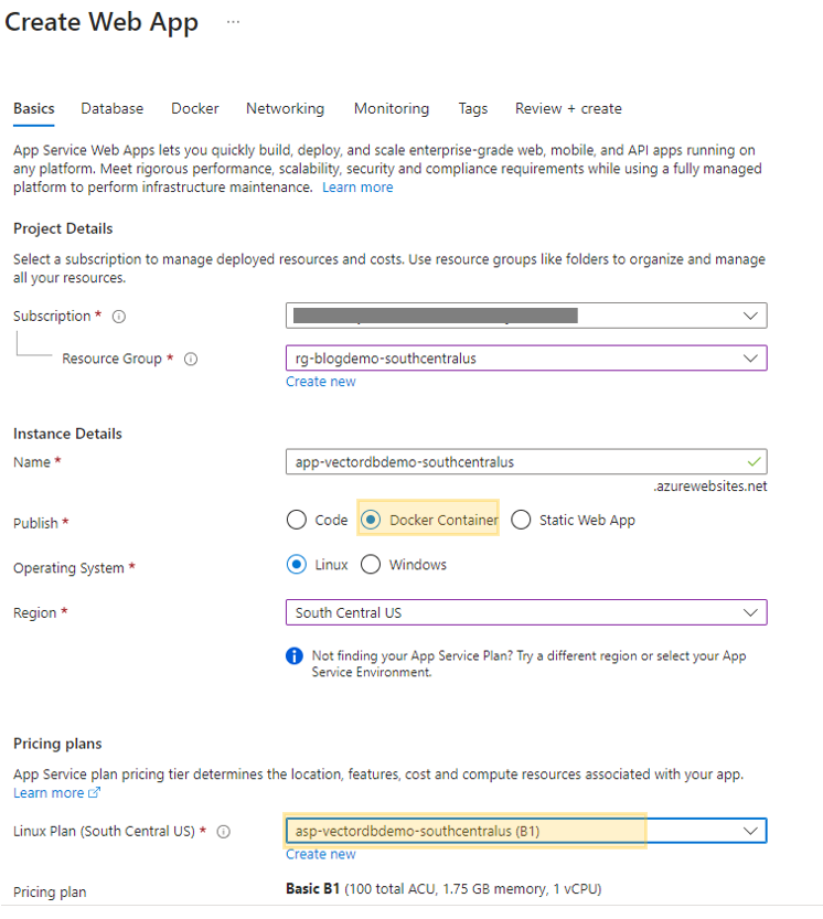 Azure Create Web App for Docker Container