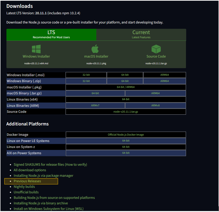 Node.js Download page with 'Previous Releases' highlighted