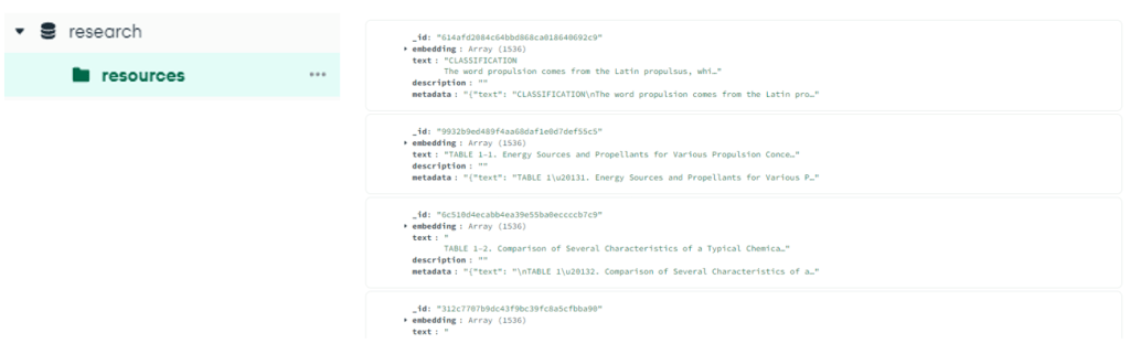 MongoDB Compass - Review loaded documents and embeddings within research.resources collection on Azure CosmosDB for MongoDB