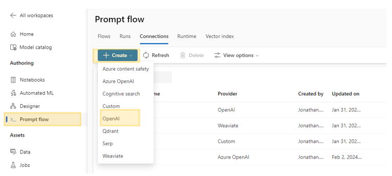 Azure Machine Learning Prompt Flow - Create OpenAI Connection