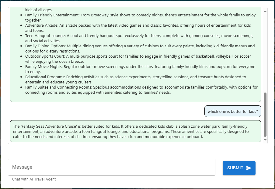 AI Travel Agent chat history interaction 