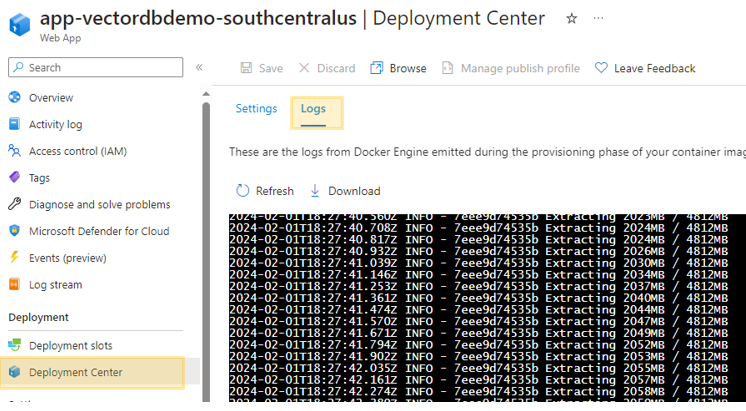 Azure Web App Deployment Center - Weaviate Deployment Logs