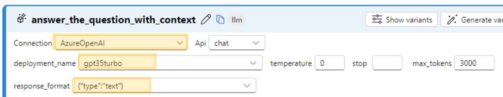 Azure Prompt Flow - "answer_the_question_with_context" LLM node values