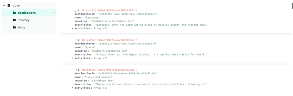 MongoDB Compass - destinations collection on Azure Cosmos DB for MongoDB