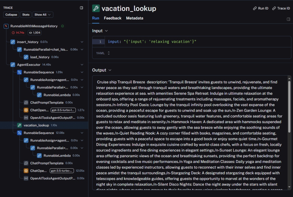 LangSmith Tracing vacation lookup details