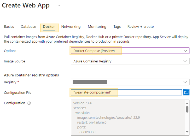 Azure Create Web App - Docker Compose Install for Weaviate