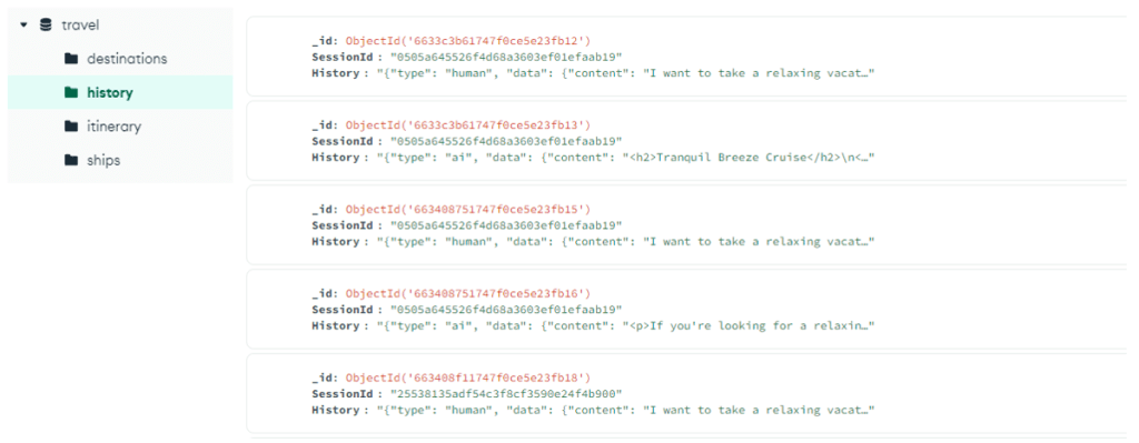 MongoDB Compass - chat message history collection on Azure Cosmos DB for MongoDB