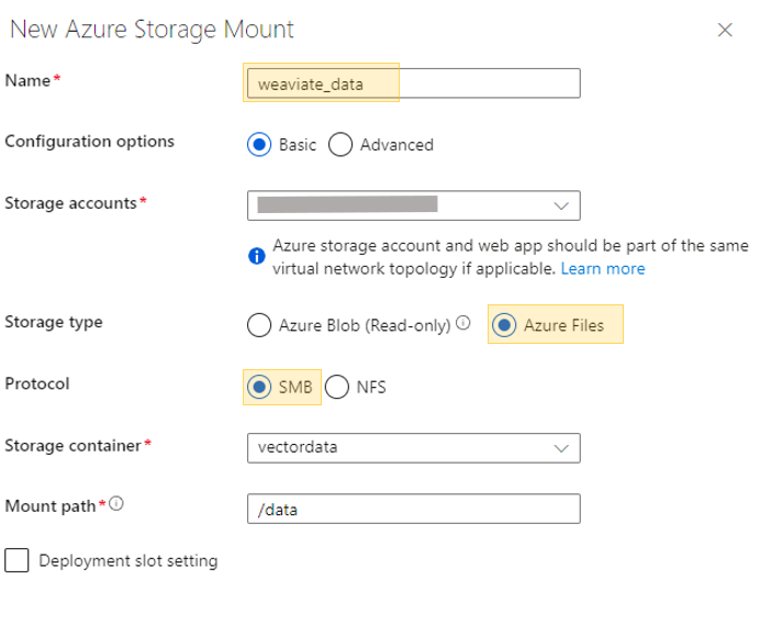 Azure Multi-Container Web App - Weaviate storage mount to Azure SMB File Share
